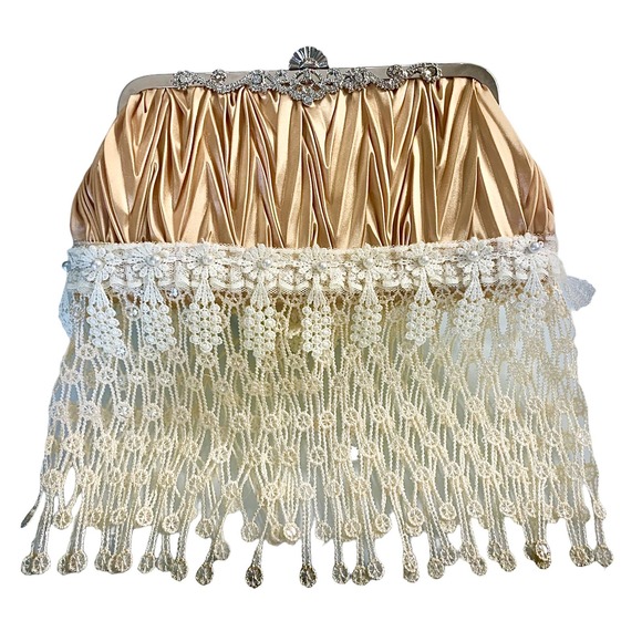 Gold Zig-zag Pleated Satin Evening Bag With Big Crystal Diamanté Clasp - Picture 1 of 10